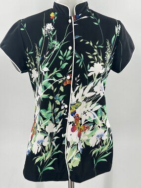 VTG Teddi of California Botanical Print Knit Top Button Front Short Sleeve Small